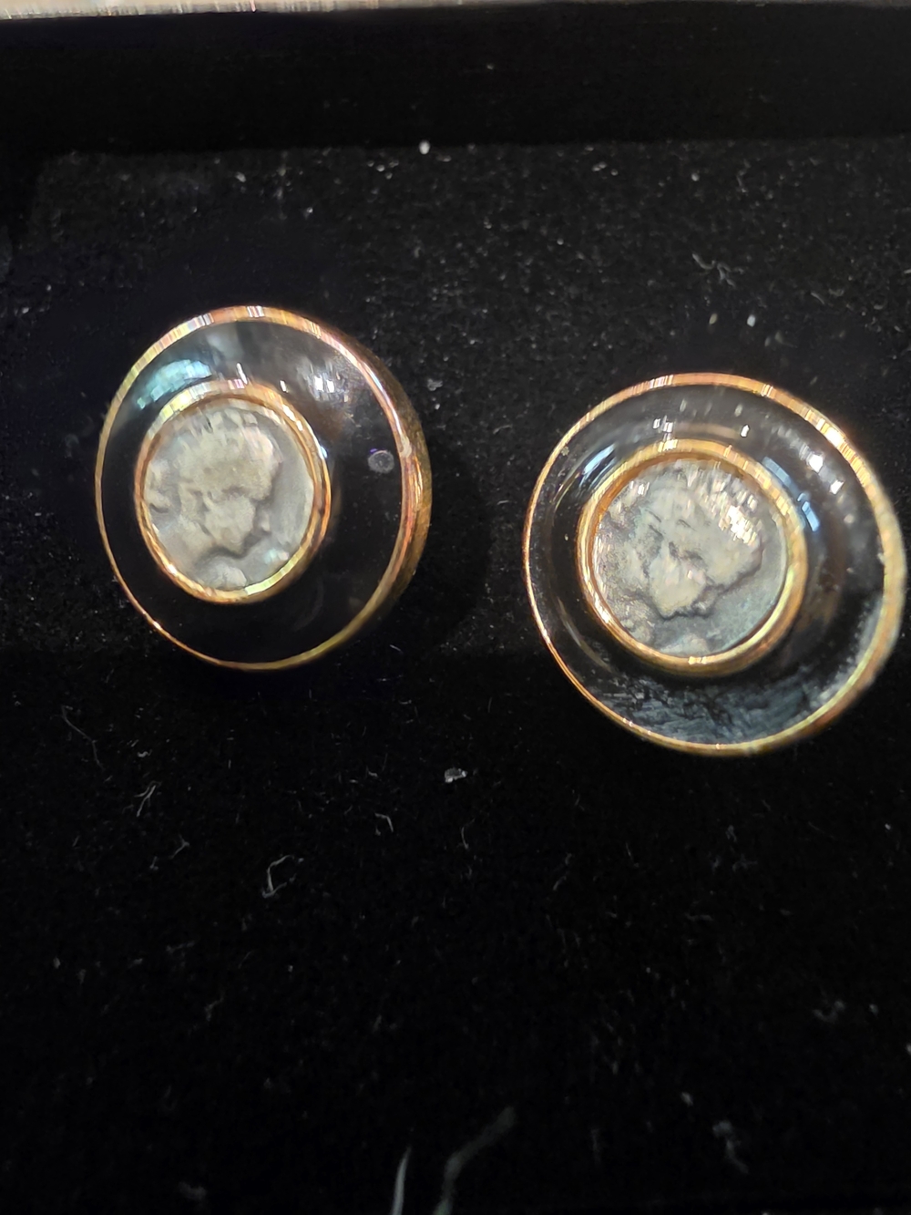 Vintage-Inspired Black and Gold Coin clip-on Earrings
